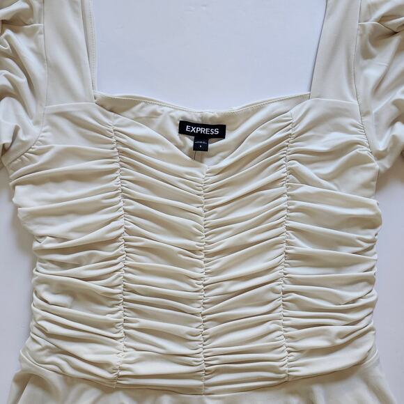 Express Ivory Ruched Puff-Sleeve Top with Peplum Size Small - Picture 4 of 10